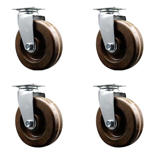 6'' High Temp Phenolic Wheel Swivel Caster Set with Bronze Bearings, 4PK